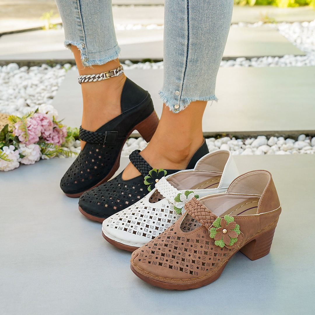Damen elegante Pantoletten mit floralem Dekor und geflochtenem Riemen R&B