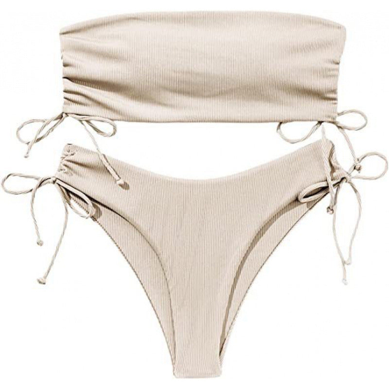 Damen Bandeau-Bikini mit einstellbaren Schnürungen und eleganten Rippendetails R&B