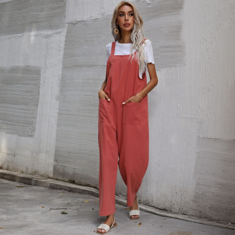 Damen Lässiger Jumpsuit mit praktischen Taschen und verstellbaren Trägern R&B