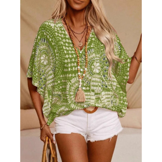 Damen Strandbluse im lässigen Boho-Stil mit bunten Mustern und voluminösen Ärmeln R&B