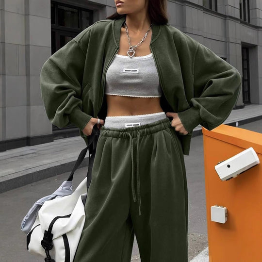 Damen lässiges Lounge-Set mit weiten Hosen und sportlicher Jacke R&B