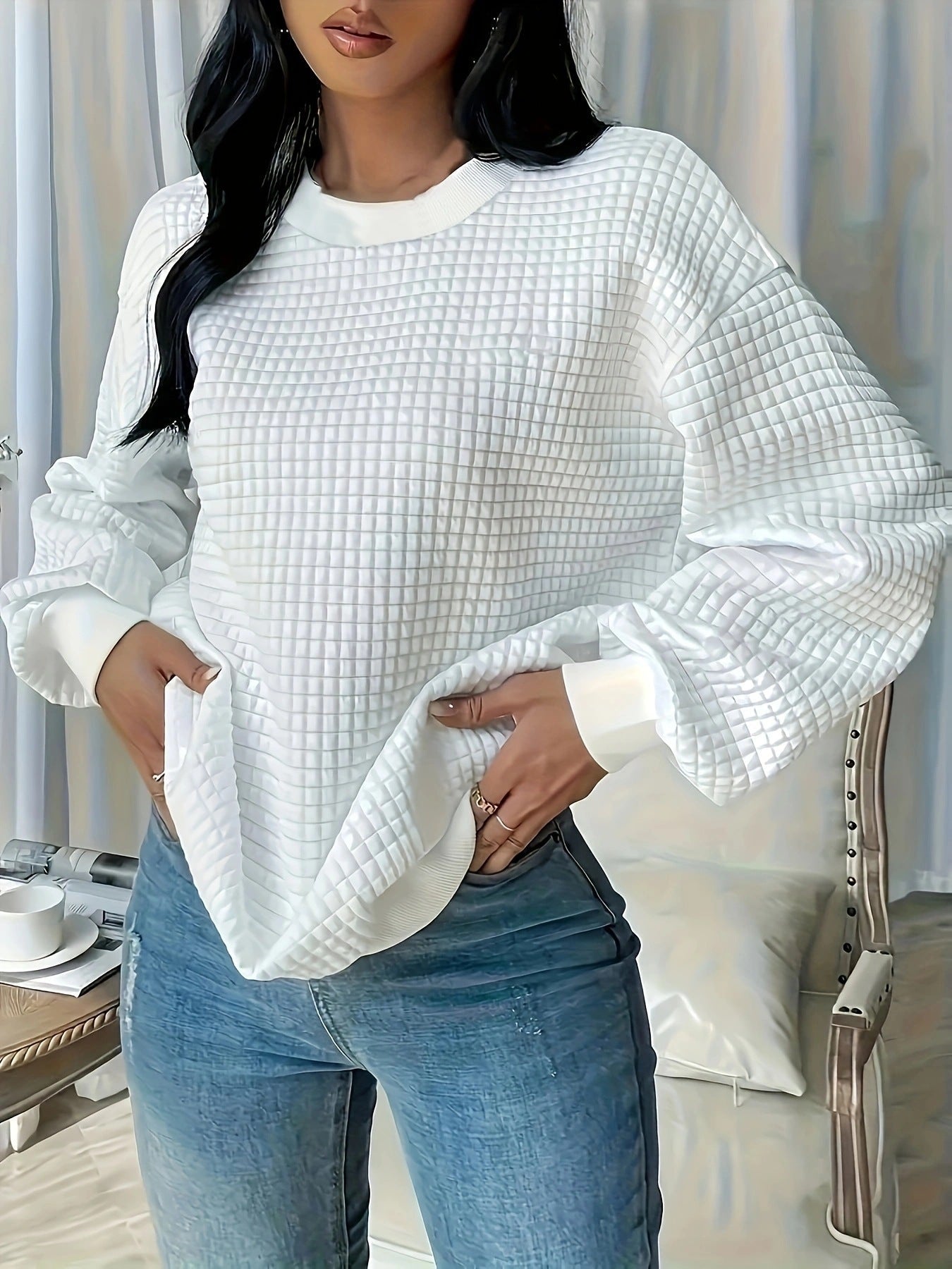 Damen Pullover mit strukturiertem Waffeldesign und lässigem Schnitt R&B
