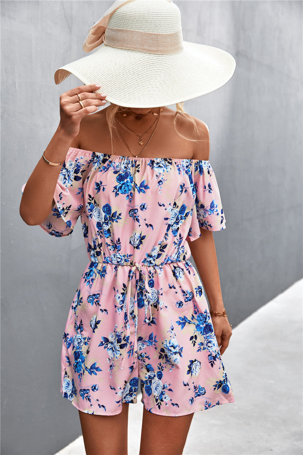 Damen Off-Shoulder Jumpsuit mit floralem Design und elastischem Taillenbund R&B