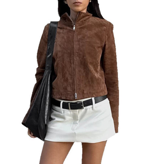 Damen Kurze Veloursjacke mit Stehkragen und seitlichem Reißverschluss R&B