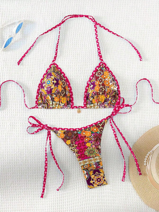 Damen Triangel-Bikini mit buntem floralen Mustermix und verstellbaren Trägern R&B