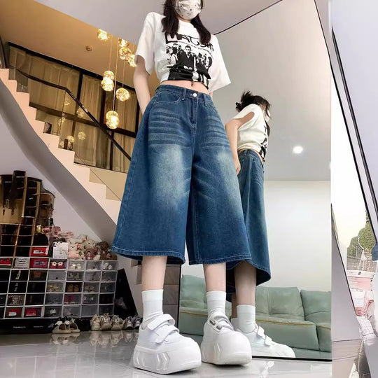 Damen Weite Denim-Culotte mit hohem Bund und elastischem Taillenbund R&B