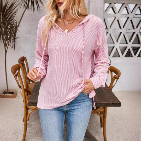 Damen lässiger Sweater mit V-Ausschnitt und Kordelzug R&B