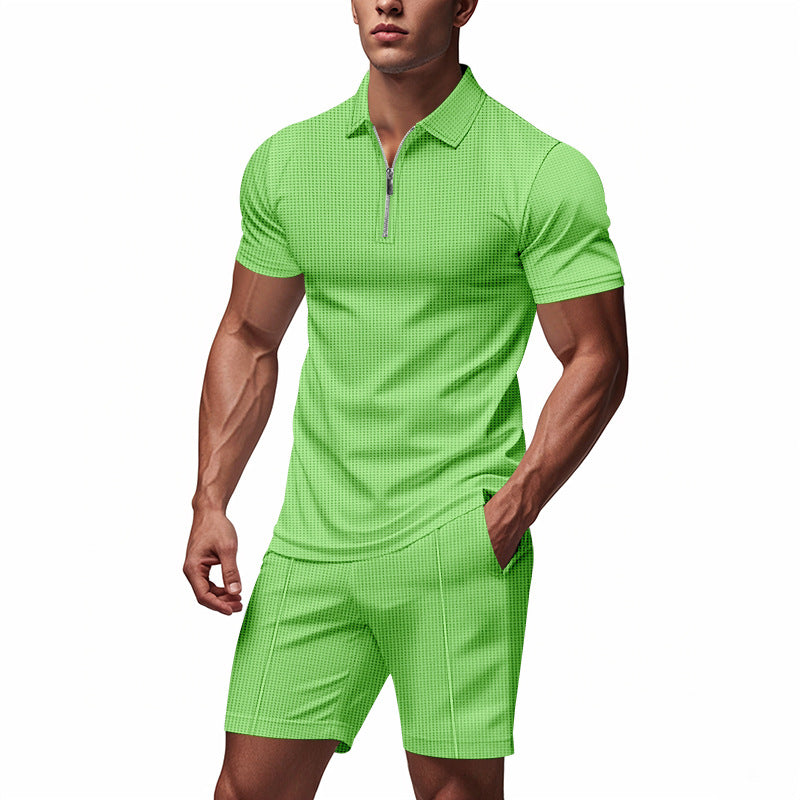 Herren Sportliches Kurzarm-Set mit teils strukturiertem Design und durchgehendem Reißverschluss R&B