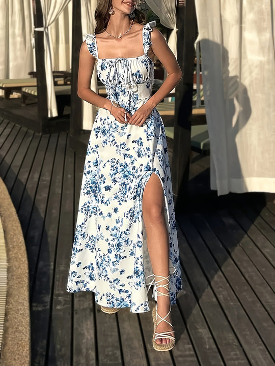 Damen Maxikleid mit floralen Mustern und seitlichem Schlitz R&B