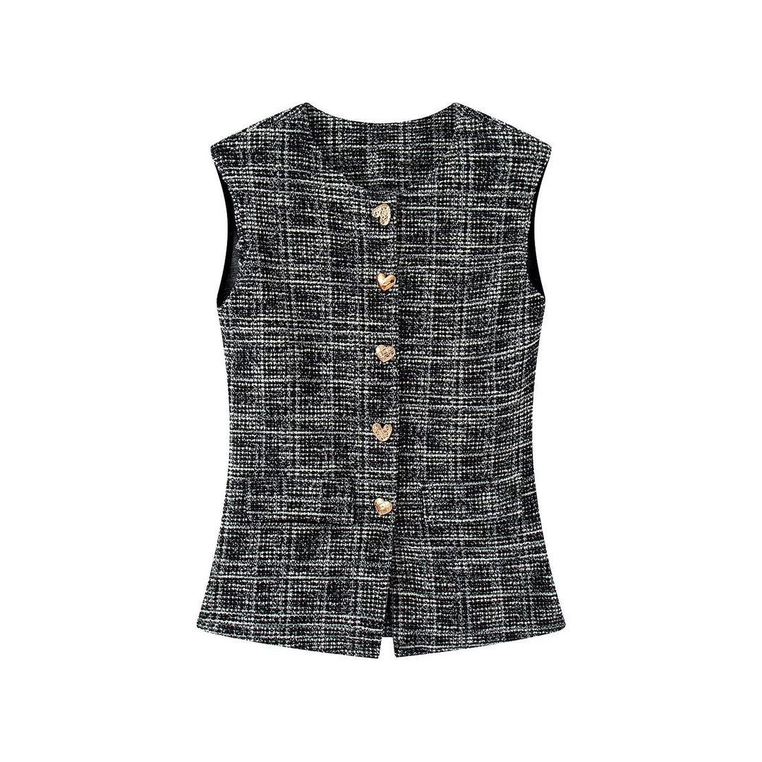 Damen elegante Karohose mit schmalem Schnitt und dekorativen Knöpfen R&B