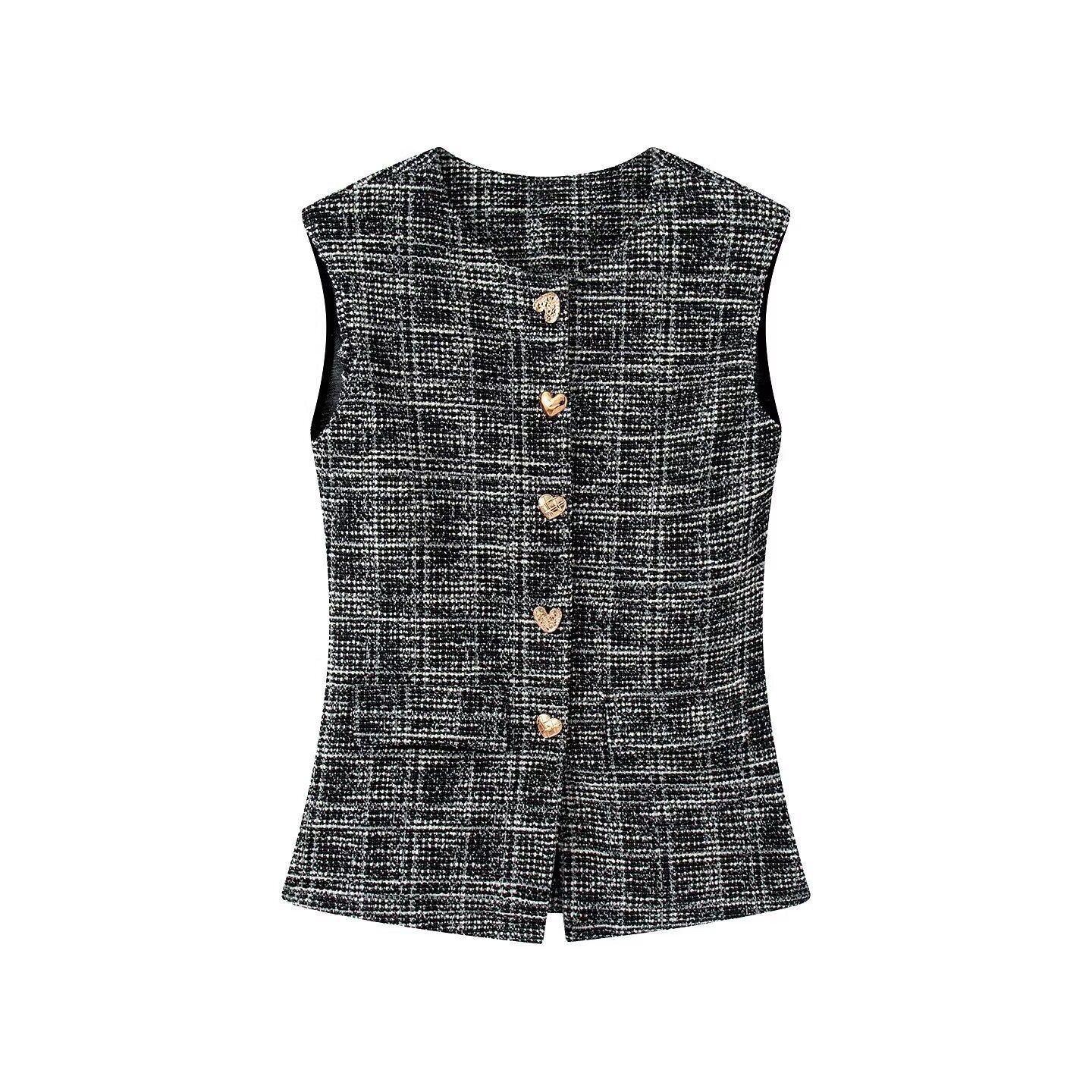 Damen elegante Karohose mit schmalem Schnitt und dekorativen Knöpfen R&B