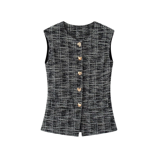 Damen elegante Karohose mit schmalem Schnitt und dekorativen Knöpfen R&B