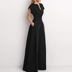 Damen Eleganter Jumpsuit mit Weitem Bein und Schalkragen R&B