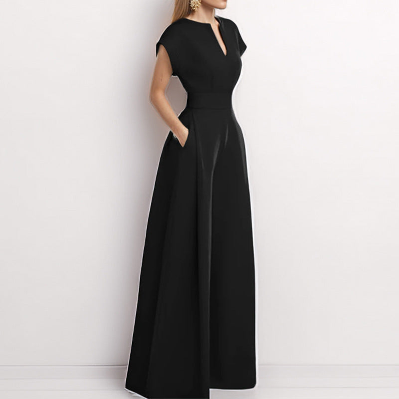 Damen Eleganter Jumpsuit mit Weitem Bein und Schalkragen R&B