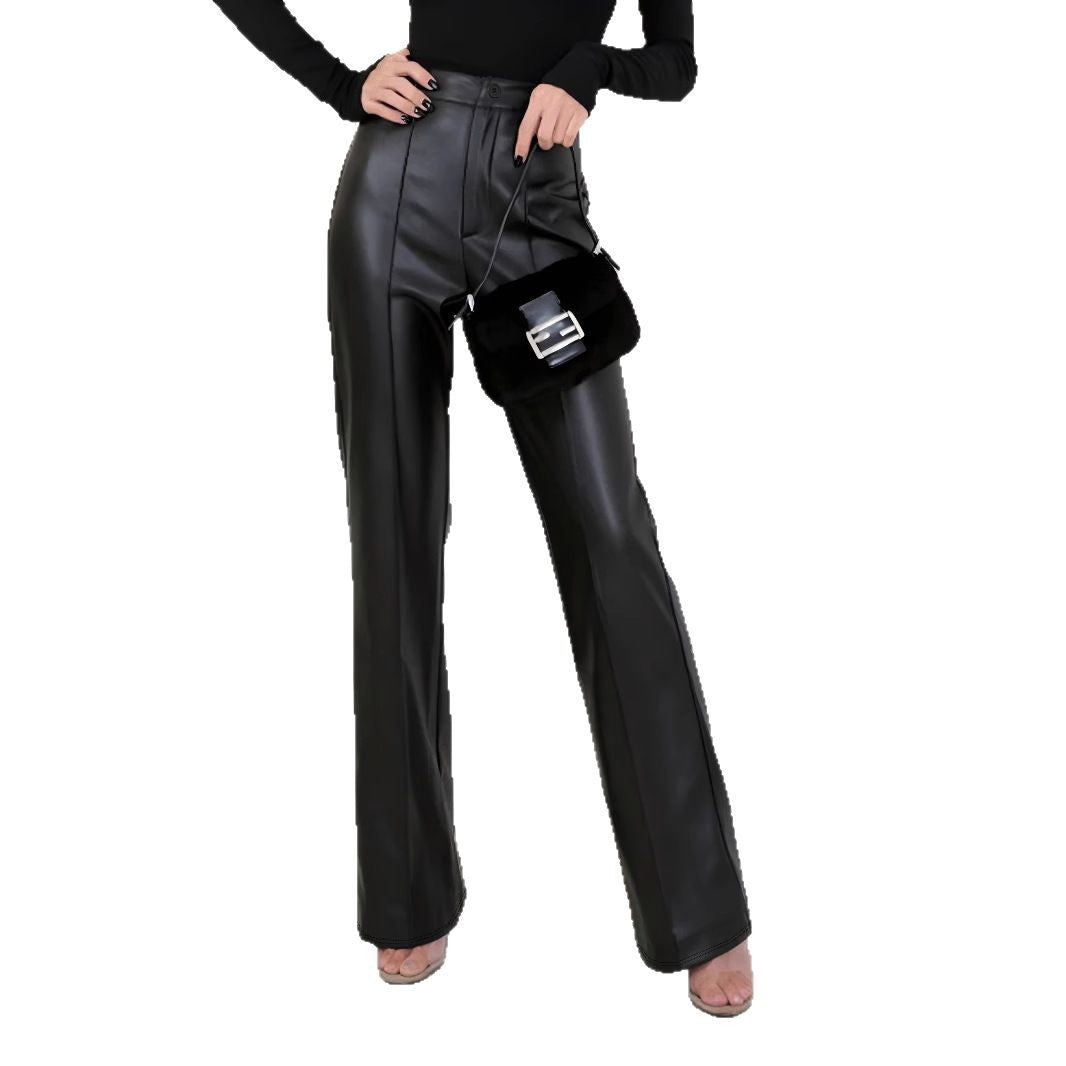 Damen Elegante High-Waist Kunstleder-Hose mit weitem Bein R&B