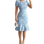 Damen Midi-Kleid mit floralen Applikationen und voluminösen Ärmeln R&B