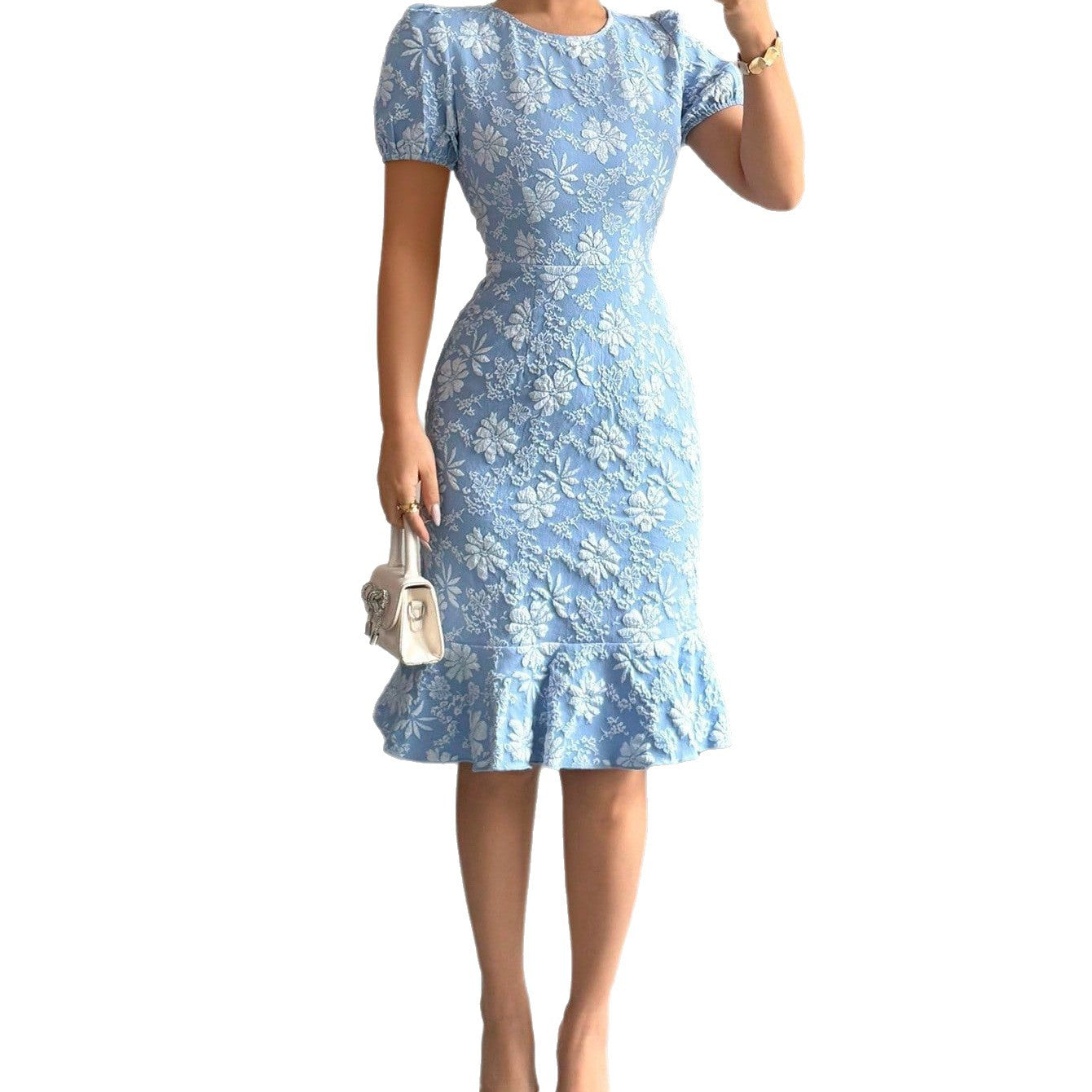 Damen Midi-Kleid mit floralen Applikationen und voluminösen Ärmeln R&B