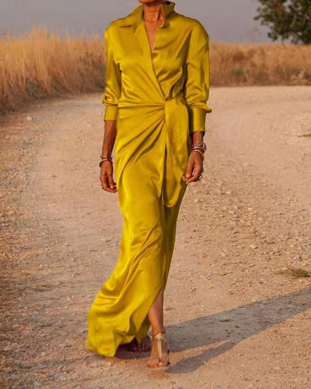 Damen Elegantes Wickel-Maxi-Kleid mit vielseitigem Kragen und seitlichem Schlitz R&B