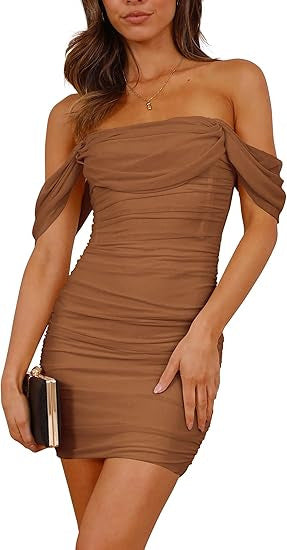Damen figurbetontes Wickelkleid mit schulterfreiem Design R&B