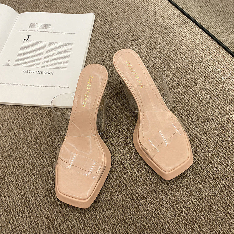 Damen transparente Mules mit quadratischer Zehenpartie und elegantem Riemchen R&B