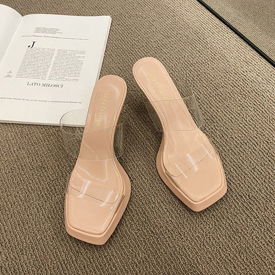 Damen transparente Mules mit quadratischer Zehenpartie und elegantem Riemchen R&B