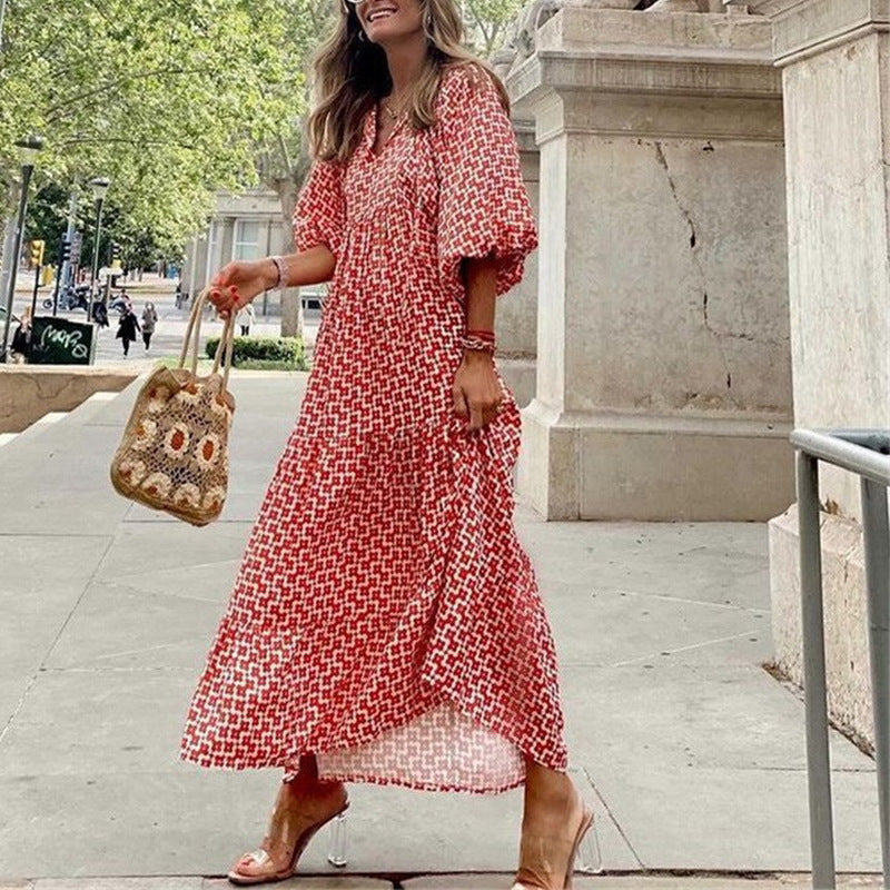 R&B | Großes böhmisches Kleid mit Rundhalsausschnitt und Laternenärmeln