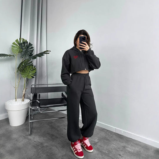 Damen Cropped Hoodie und weite Jogginghose Set R&B