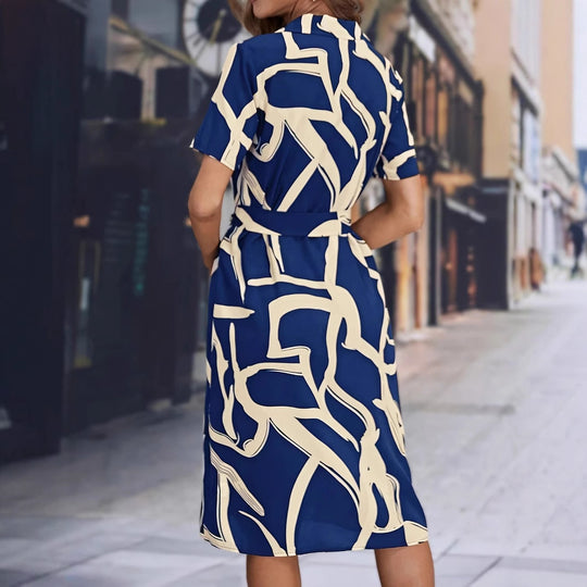 Damen Hemdblusenkleid mit modernem grafischem Muster und Taillengürtel R&B