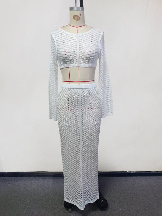 Damen elegantes gehäkeltes Set mit langärmligem Crop-Top und figurbetonendem Rock R&B