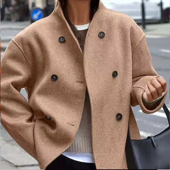 Damen modische Wolljacke mit doppelter Knopfleiste und hohen Kragen R&B
