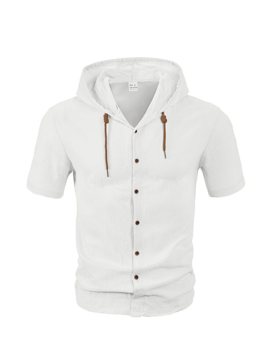 Herren nan tailliertes Kurzarm-Kapuzenshirt in Struktur-Leinenoptik mit Holzoptikknöpfen und Kordel R&B