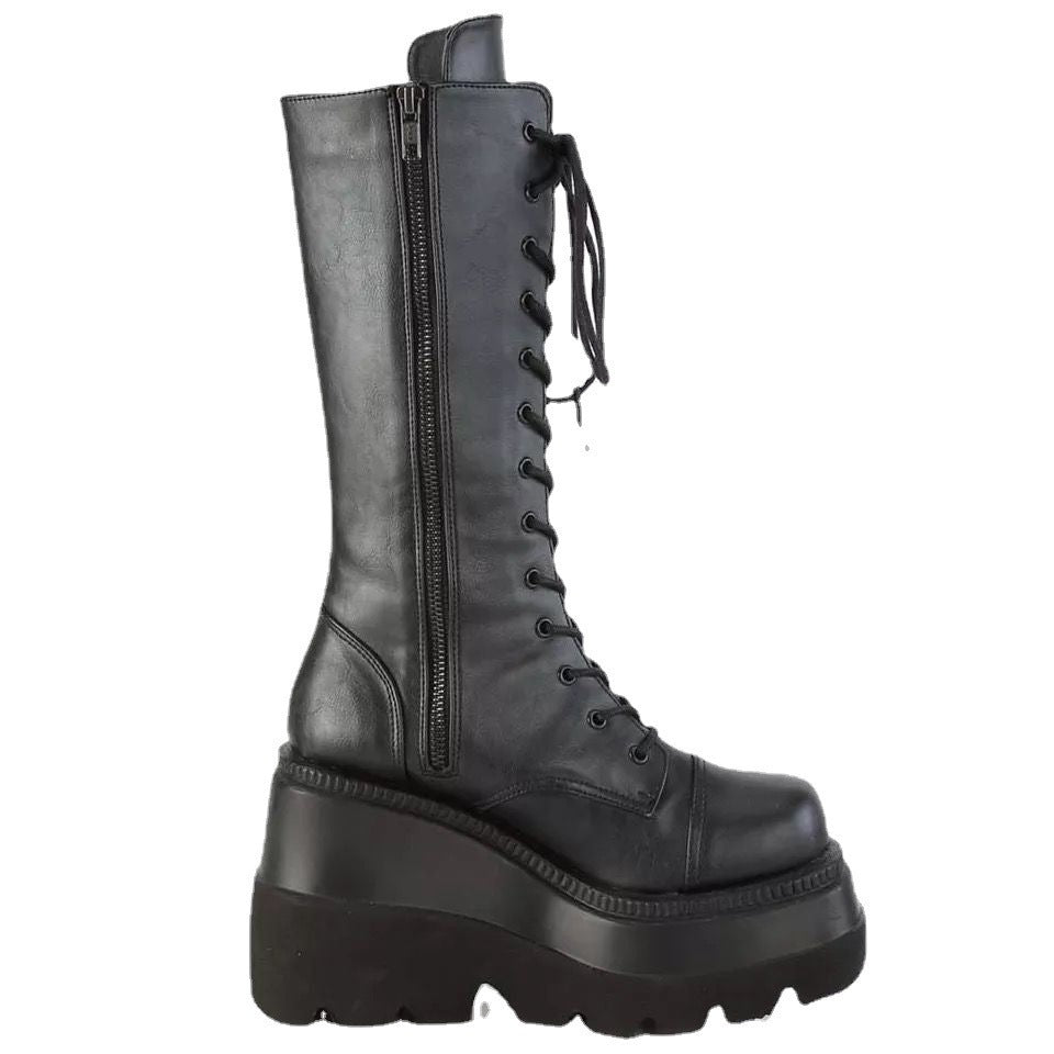 Damen Hochwertige Schnürstiefel mit Plateauabsatz und seitlichem Reißverschluss R&B