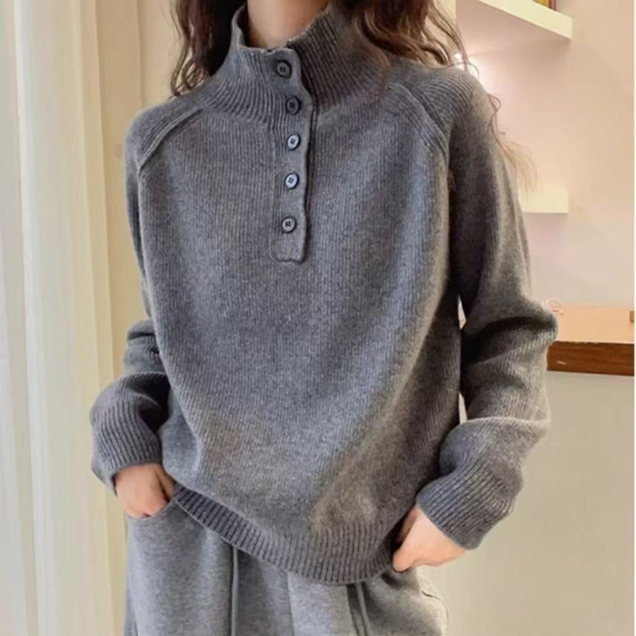 Damen Strickpullover mit Stehkragen und Knopfdetails R&B