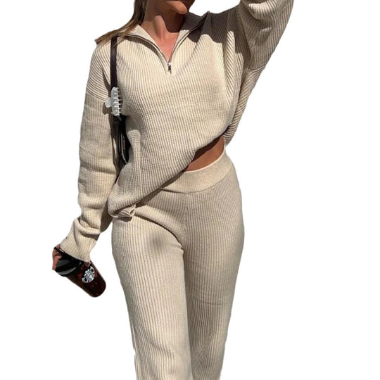 Damen lässiges Strickensemble mit hohem Kragen und seitlichem Reißverschluss R&B