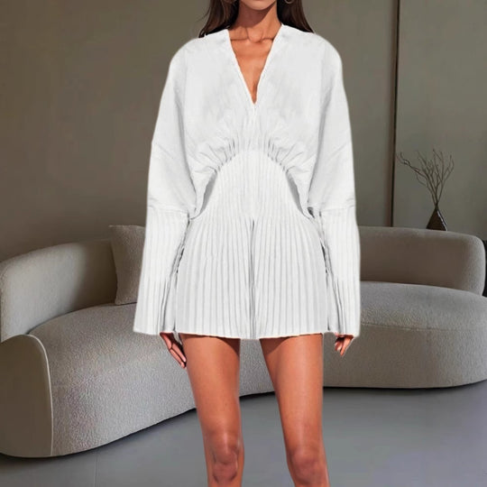 Damen Plissiertes Kleid mit tiefem V-Ausschnitt und weitem Ärmel R&B