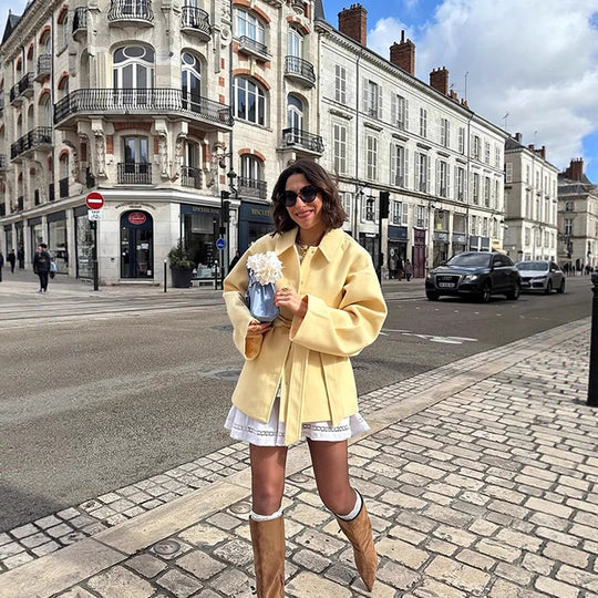 Damen Oversized jacke mit breitem Revers und Taillengürtel R&B