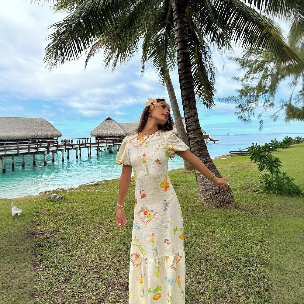 Damen Maxikleid mit buntem Musterdruck und fließendem Volant R&B