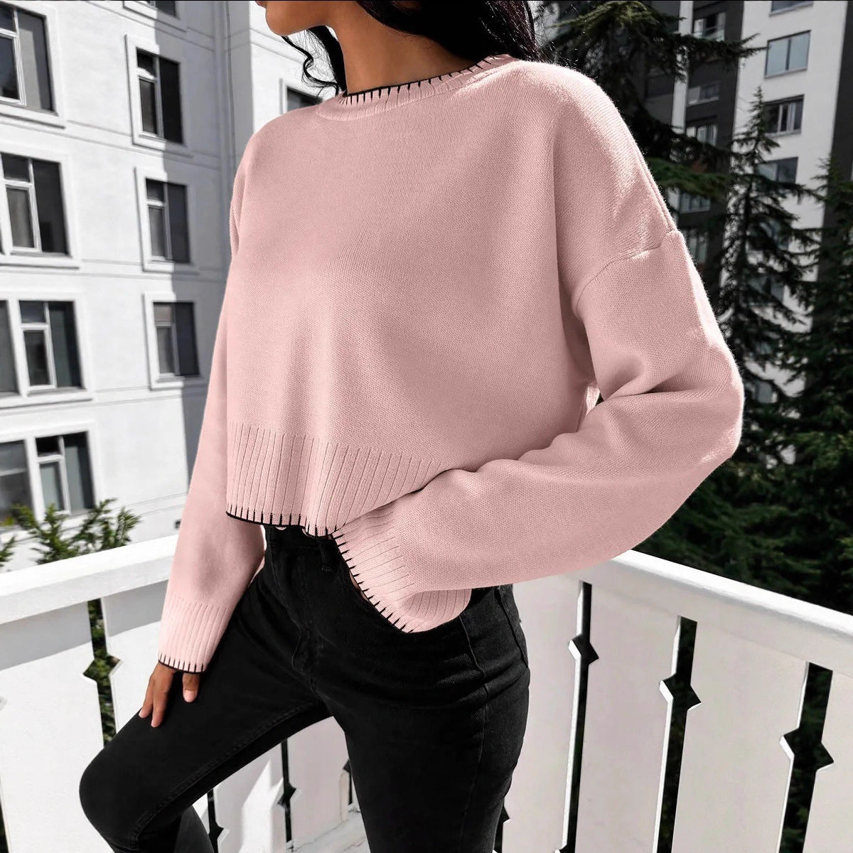 Damen Cropped Strickpullover mit feiner Rippenstruktur und lässigem Schnitt R&B