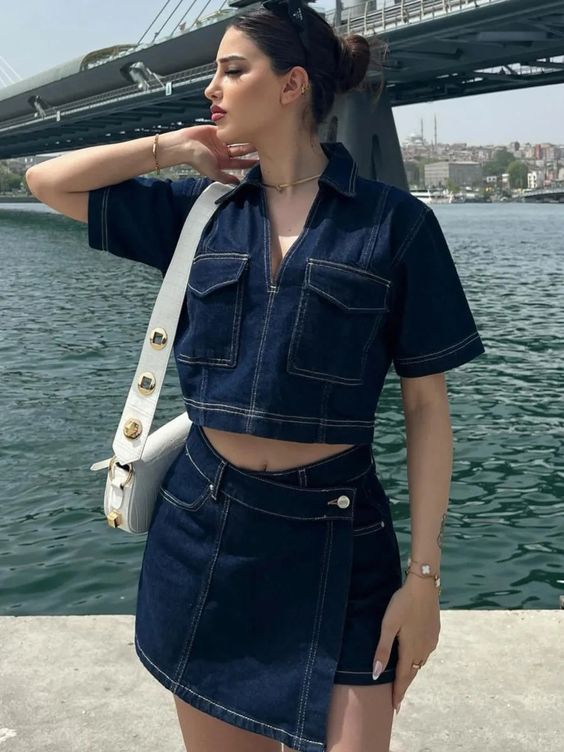 Damen modisches Denim-Kurzoberteil und Rock Set R&B