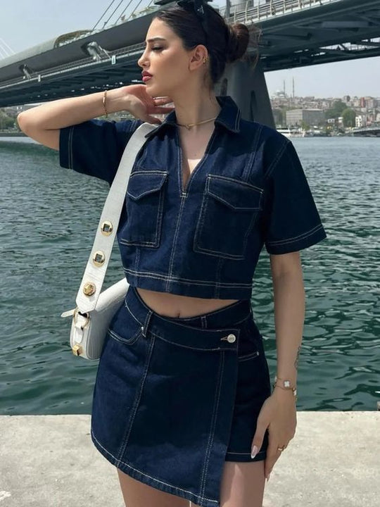 Damen modisches Denim-Kurzoberteil und Rock Set R&B