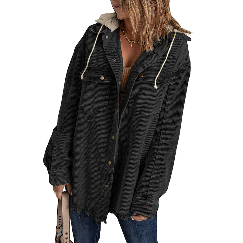R&B | Jacke mit Kapuze Oversized Fit Cord-Textur Knopfverschluss Fransenrand