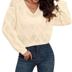 Damen V-Ausschnitt Grobstrickpullover mit filigranem Lochmuster R&B