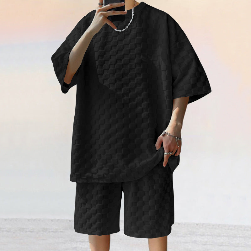 Unisex nan übergroßes Freizeit-Set aus strukturierter Waffelqualität mit Rundhalsausschnitt und locker sitzender Bermudashorts R&B