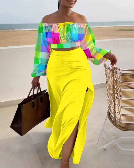 Damen Off-Shoulder Maxikleid mit eleganten Raffungseffekten und Seitenschlitz R&B