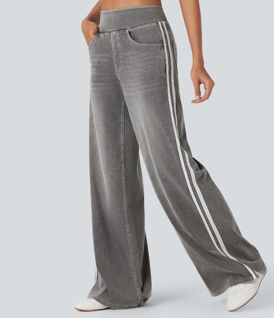 Damen nan lässige weite Jogginghose in Jeansoptik mit elastischem Komfortbund, seitlichen Kontraststreifen und Eingrifftaschen R&B