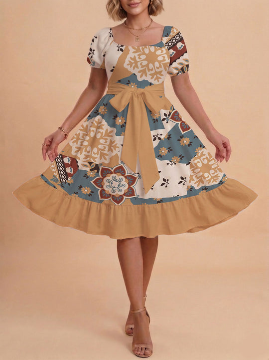 Damen Retro Maxikleid mit Puffärmeln und Taillengürtel R&B