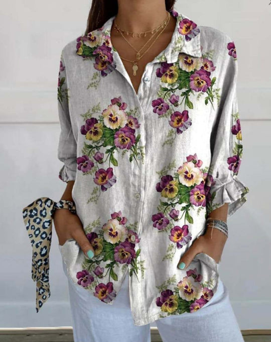 Damen Leinenbluse mit floralen Akzenten Heidi-Mode