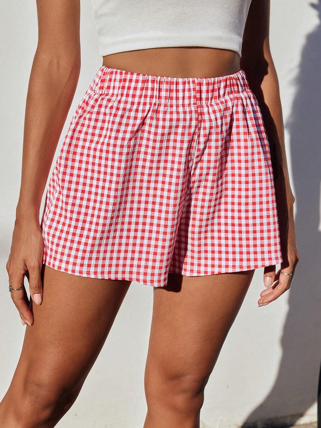 Damen luftige Karoshorts mit elastischem Bund und seitlichen Taschen R&B