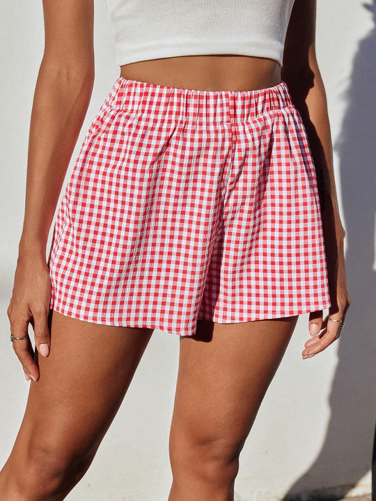 Damen luftige Karoshorts mit elastischem Bund und seitlichen Taschen R&B
