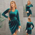 Damen elegantes Wickelkleid aus Samt mit langen Ärmeln und asymmetrischem Saum